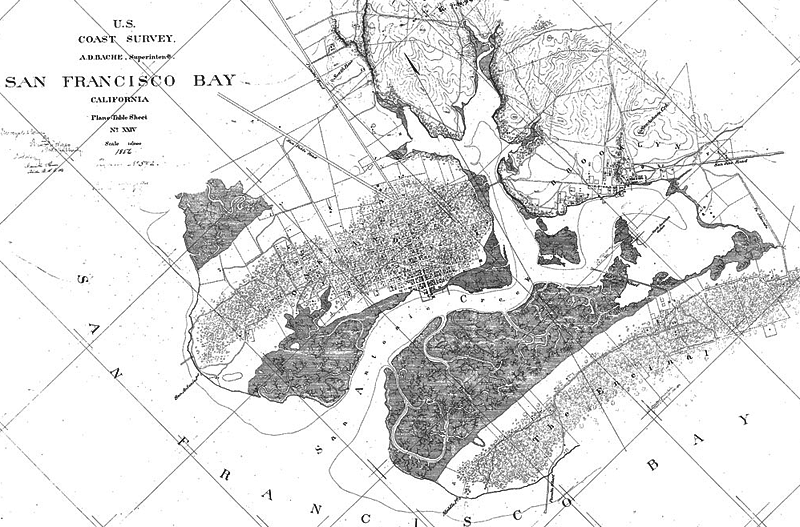 This 1856 U.S. Coast Guard survey map shows the landforms and estuary, then known as San Antonio Creek. Note the extensive marshlands and the land connection of Alameda ("The Encinal") to the Brooklyn mainland. That connection was severed by the construction of the tidal canal in the 1890s.