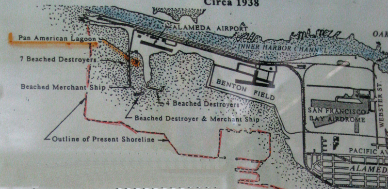Excerpt from map of Alameda Airport, Benton Field, and San Francisco Bay Airdrome, circa 1938, showing location of Pan American Lagoon prior to 1940 landfill during base construction.